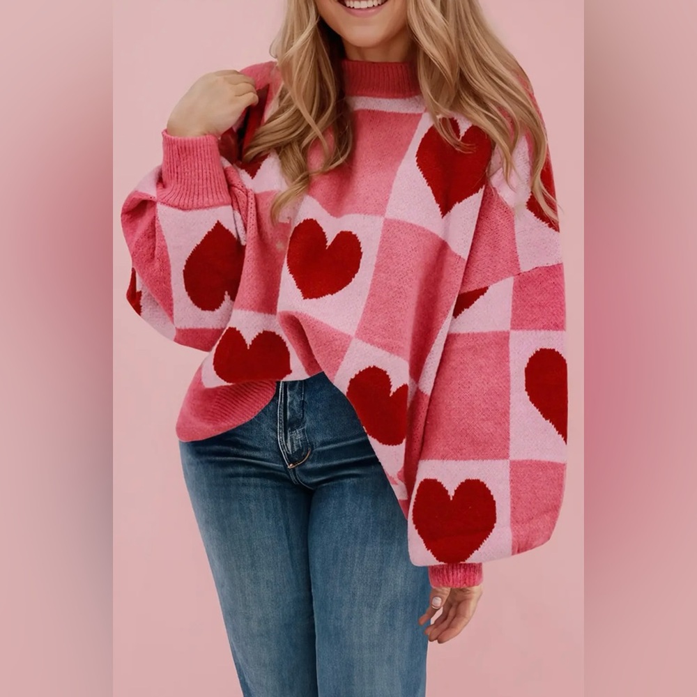 Plus Size Heart Patchwork Long Sleeve Valentine Knit Sweater